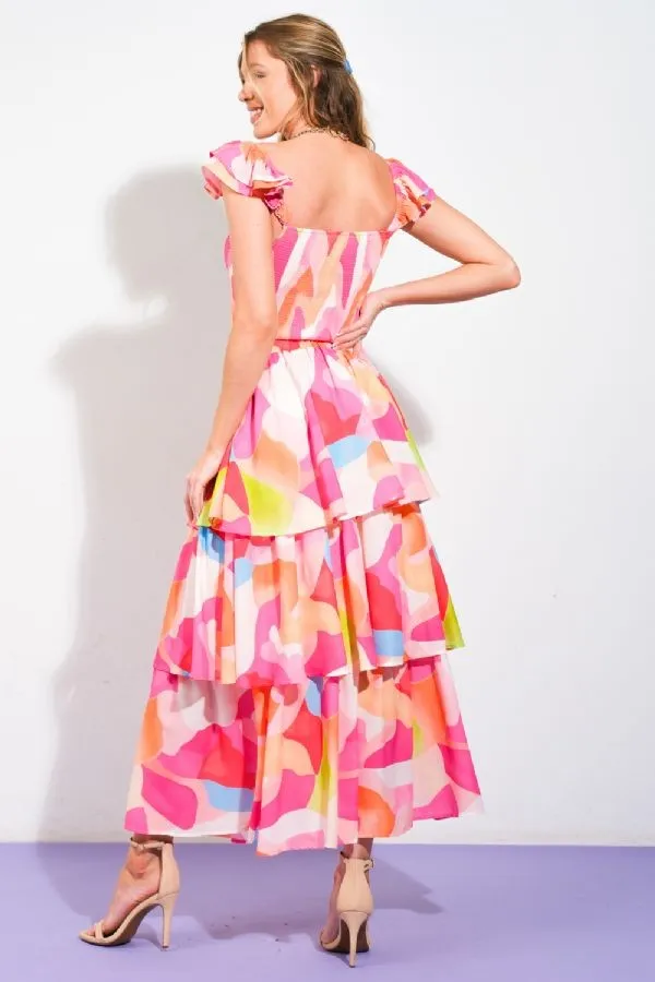 2pc set- print smocked top & tiered maxi skirt