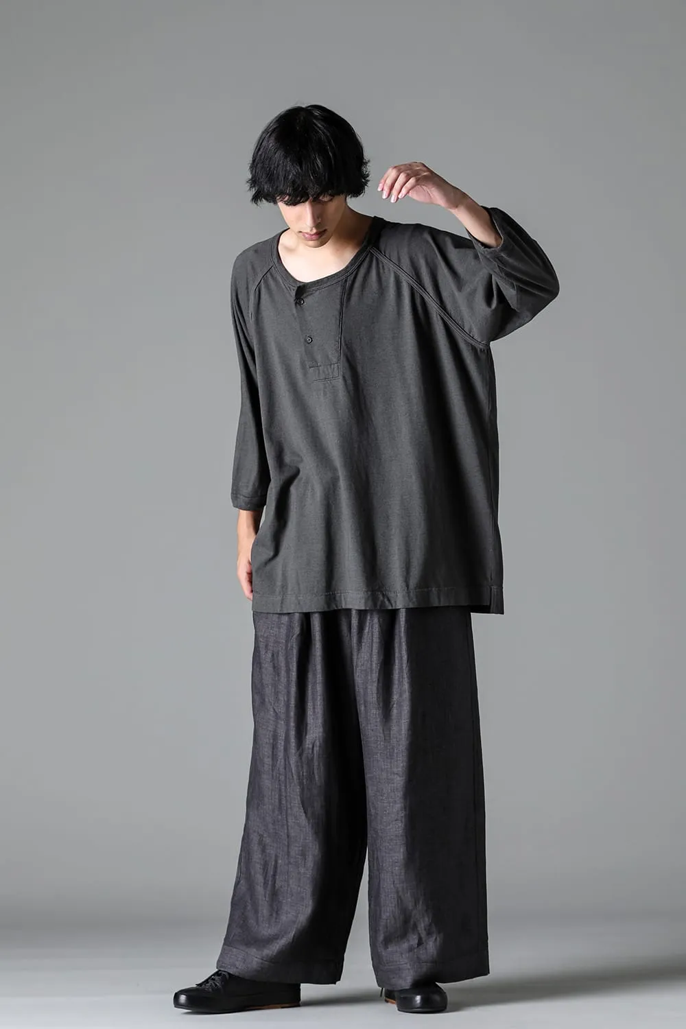 3/4SLEEVE HENLEY Cotton Hemp Jersey BLACK