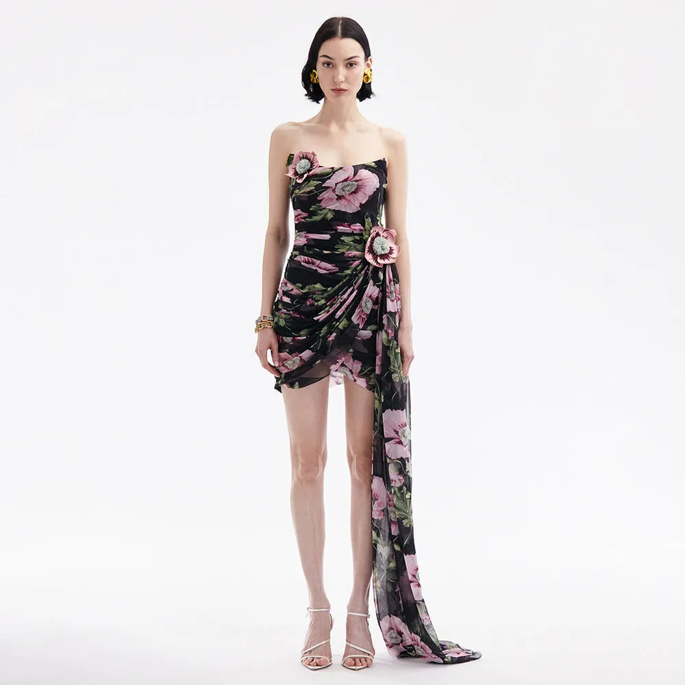 3D Embroidered Tube Top Mesh Bodycon Dress