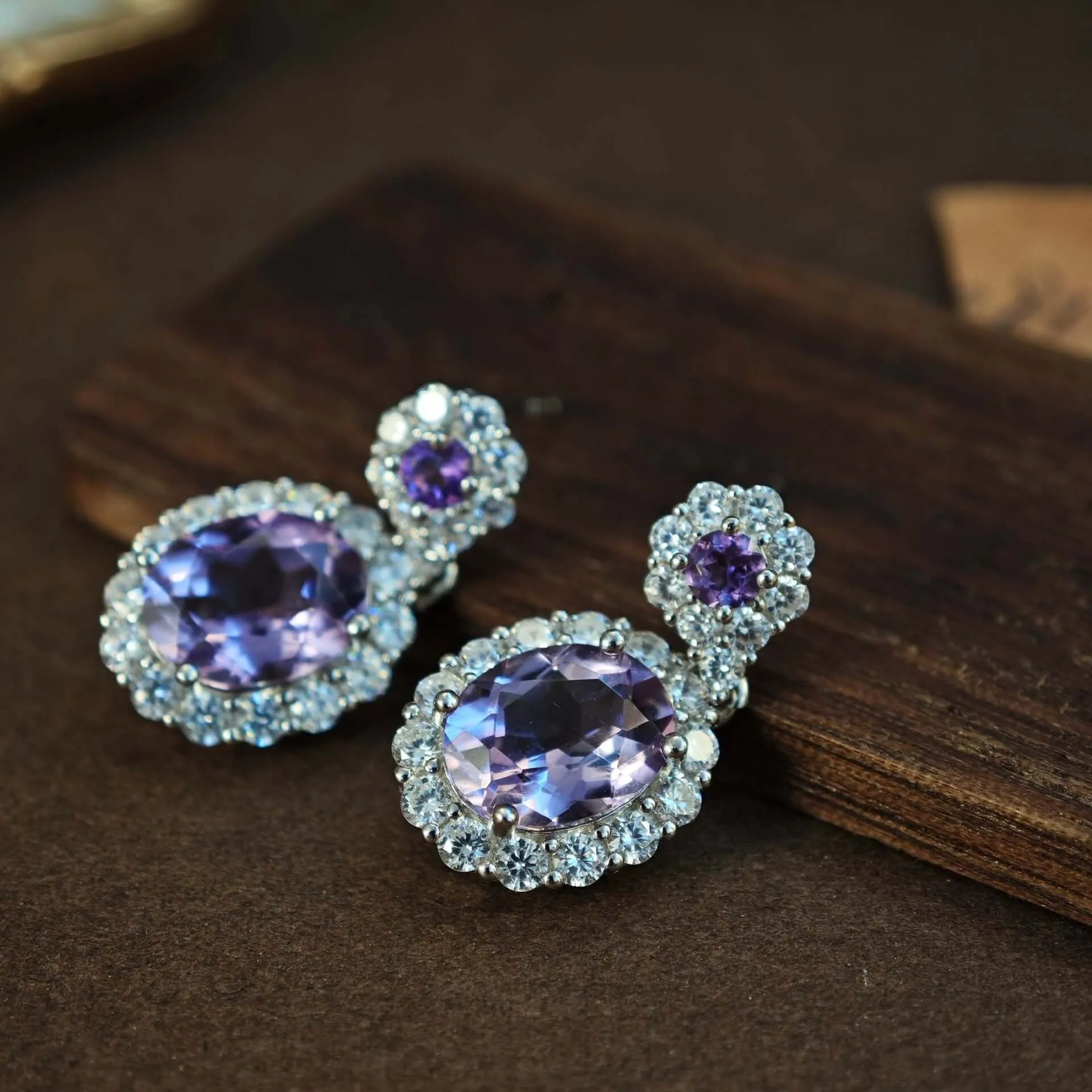 925 Silver Double Layer Amethyst Earrings