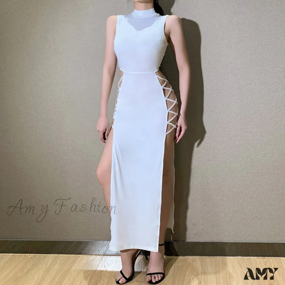 Amy Fashion - Lady Sleeveless Mock Side High Slit Cutout Dresses