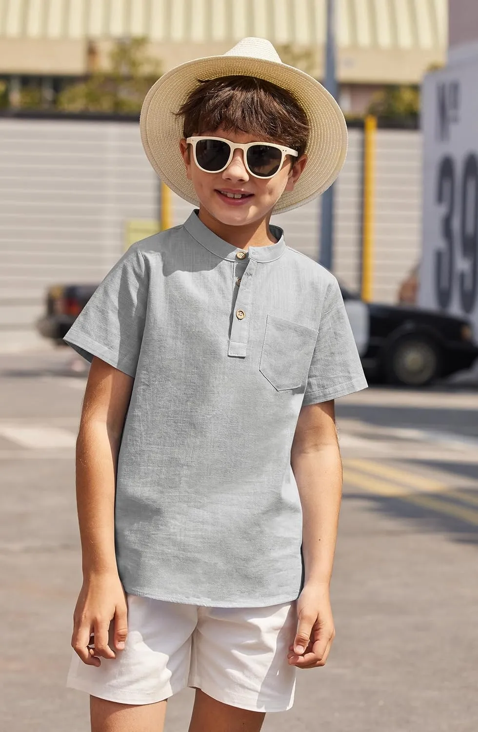 Arshiner Boys Linen Shirt Button Down Henley Short Sleeve T Shirts