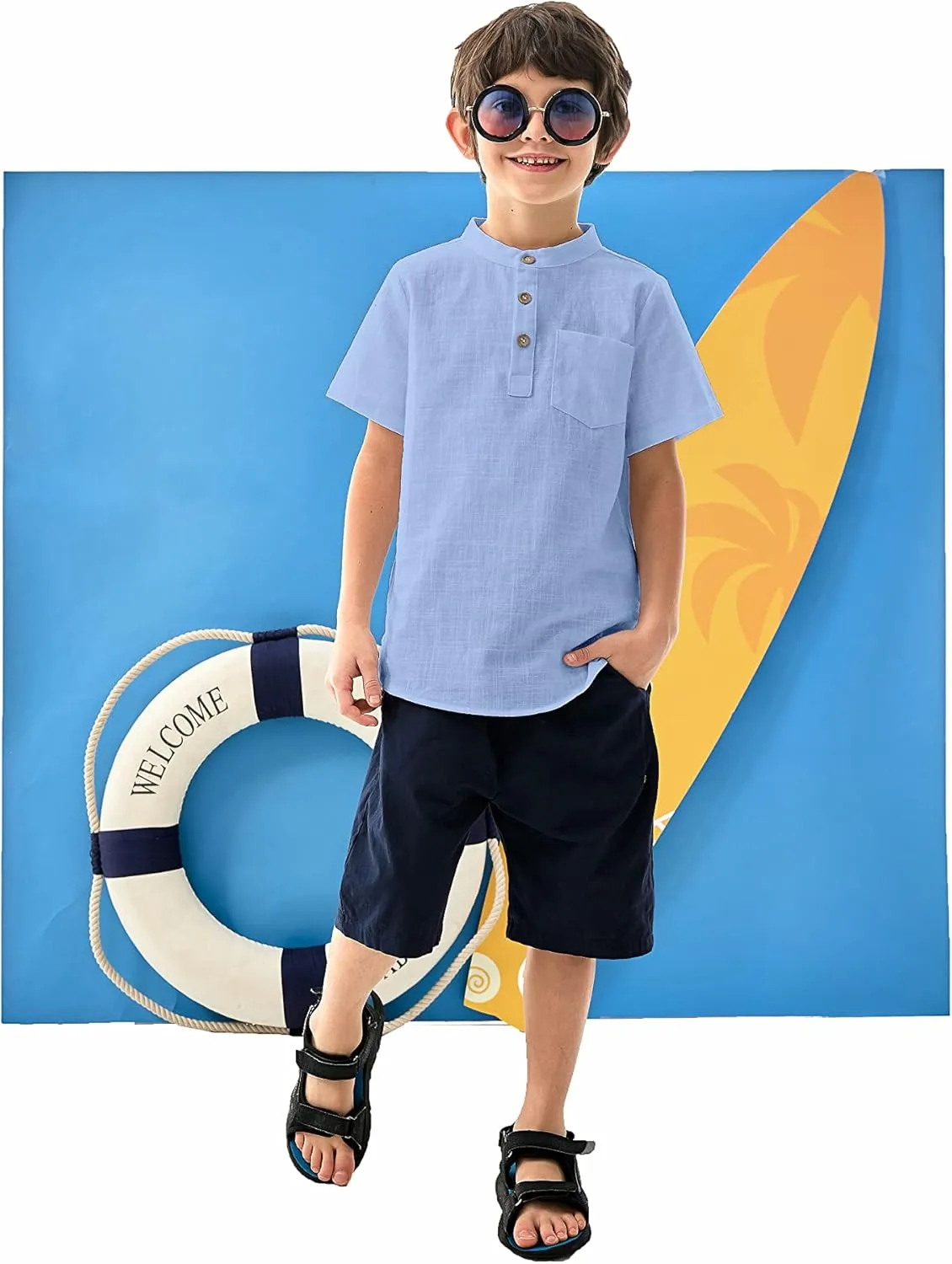 Arshiner Boys Linen Shirt Button Down Henley Short Sleeve T Shirts