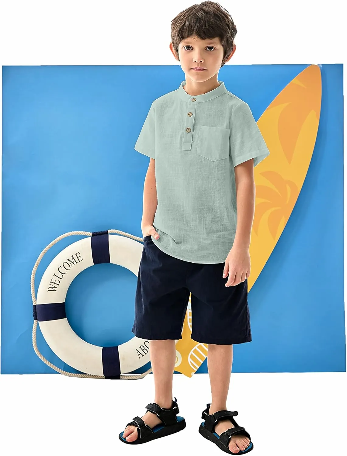 Arshiner Boys Linen Shirt Button Down Henley Short Sleeve T Shirts