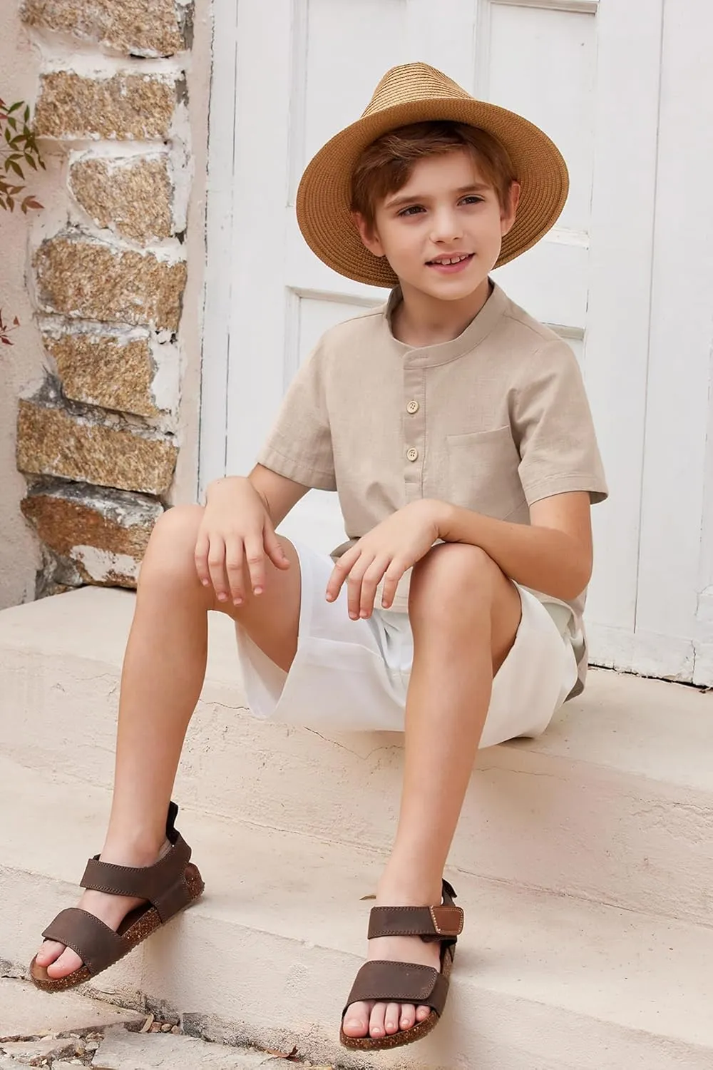 Arshiner Boys Linen Shirt Button Down Henley Short Sleeve T Shirts