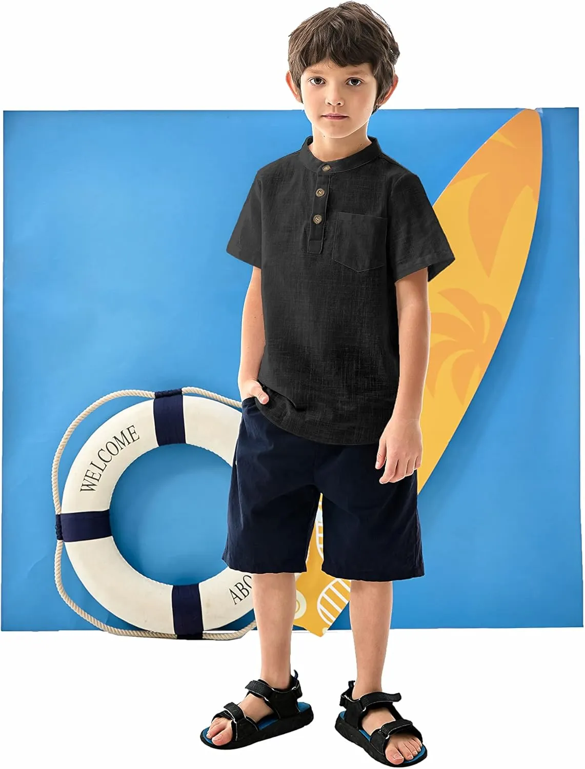 Arshiner Boys Linen Shirt Button Down Henley Short Sleeve T Shirts