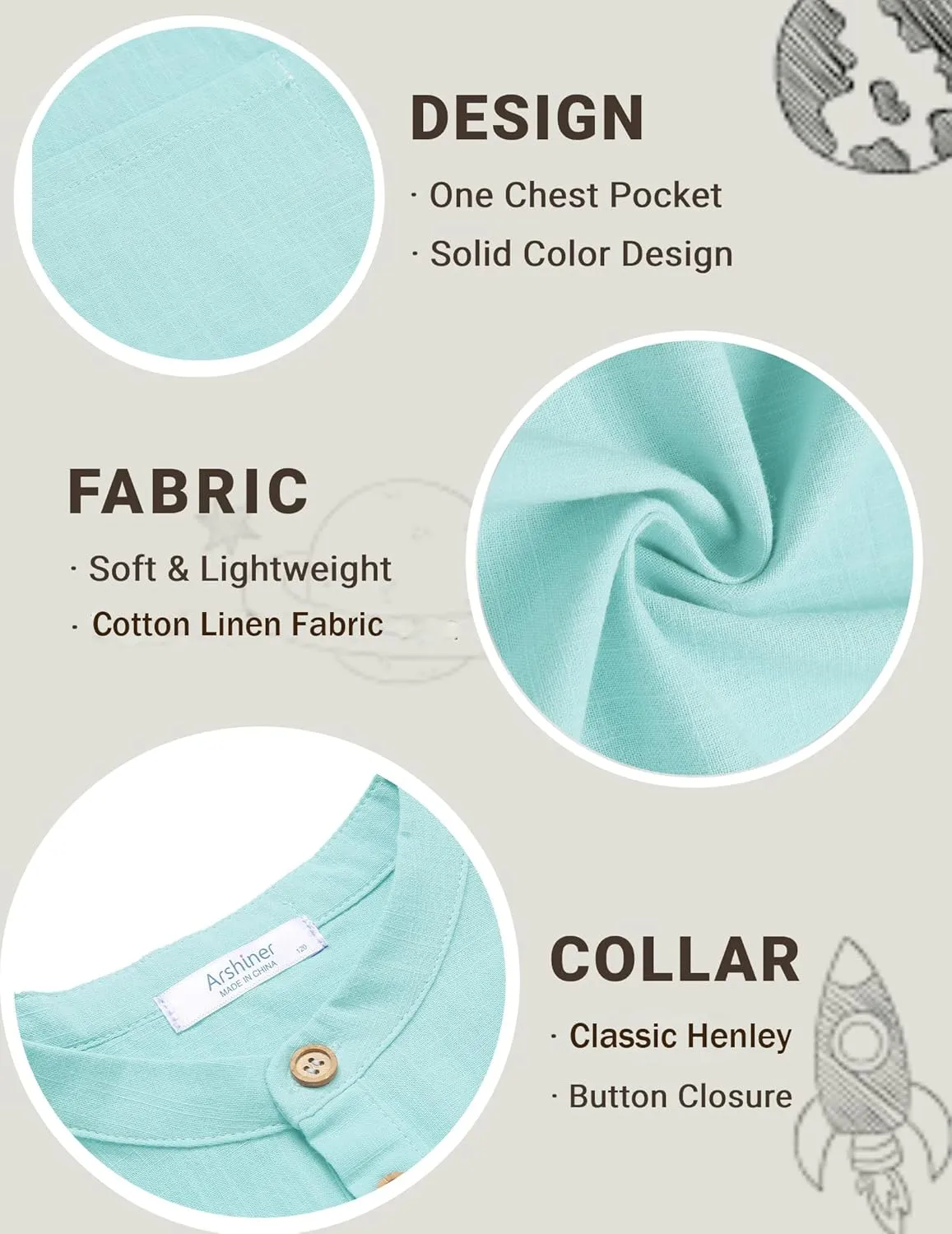 Arshiner Boys Linen Shirt Button Down Henley Short Sleeve T Shirts