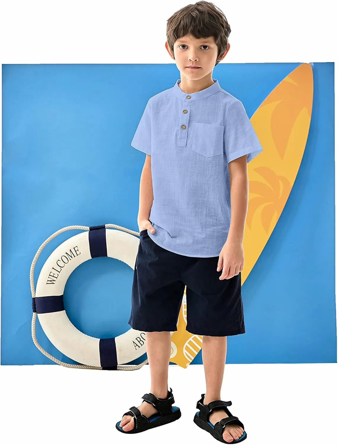 Arshiner Boys Linen Shirt Button Down Henley Short Sleeve T Shirts