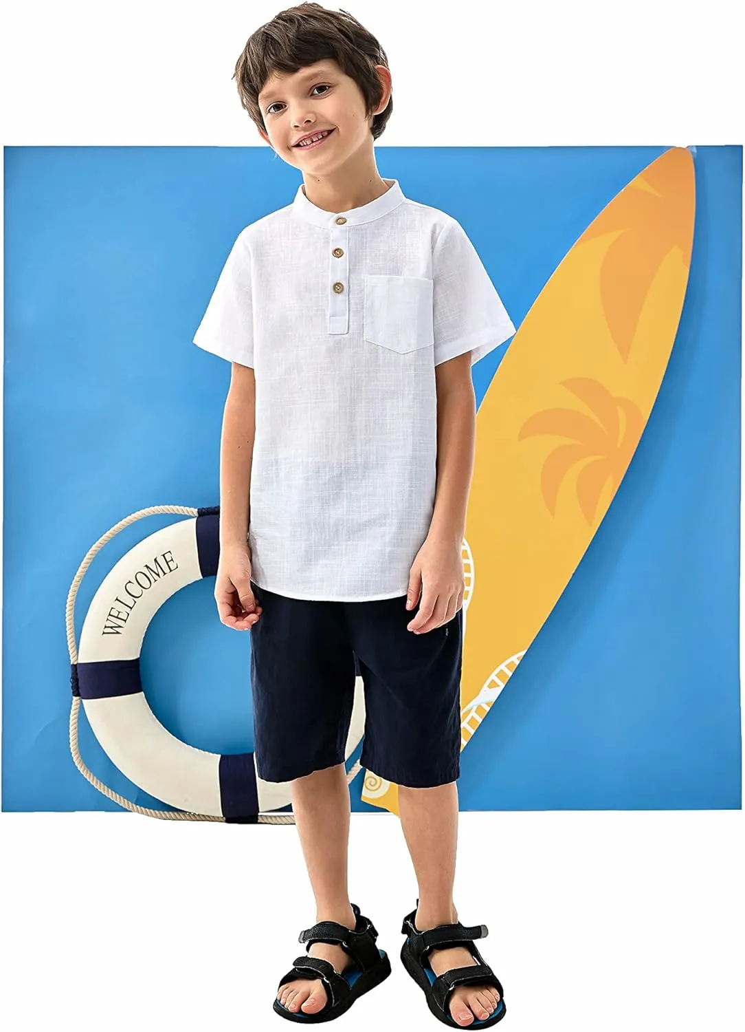 Arshiner Boys Linen Shirt Button Down Henley Short Sleeve T Shirts