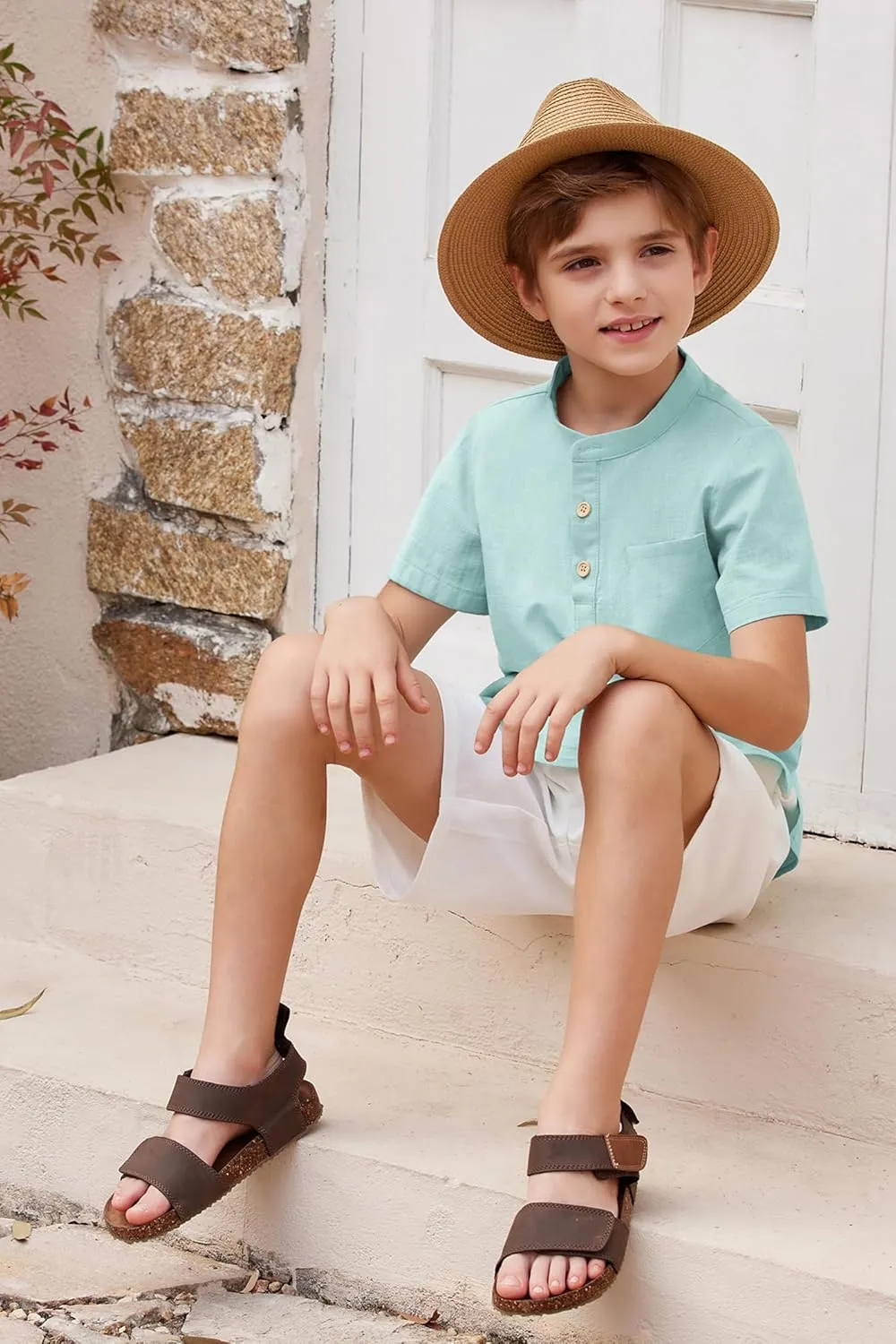 Arshiner Boys Linen Shirt Button Down Henley Short Sleeve T Shirts