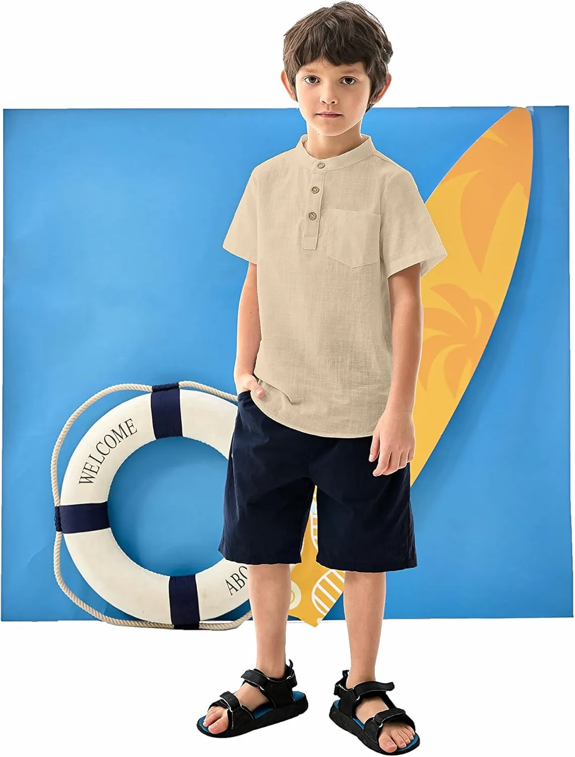 Arshiner Boys Linen Shirt Button Down Henley Short Sleeve T Shirts