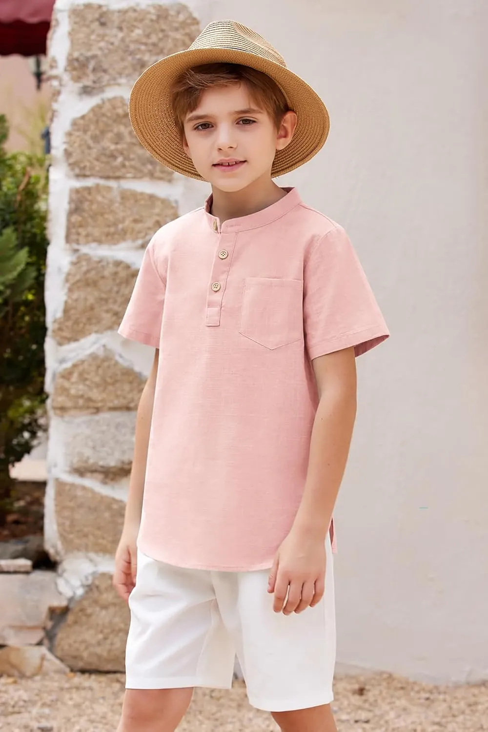Arshiner Boys Linen Shirt Button Down Henley Short Sleeve T Shirts