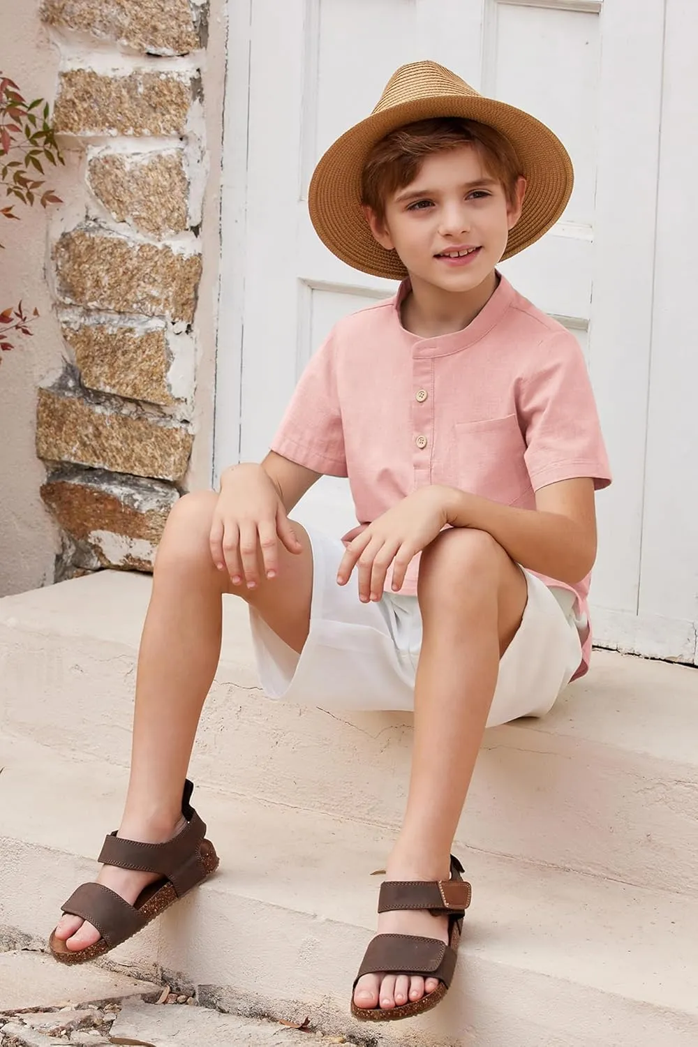 Arshiner Boys Linen Shirt Button Down Henley Short Sleeve T Shirts