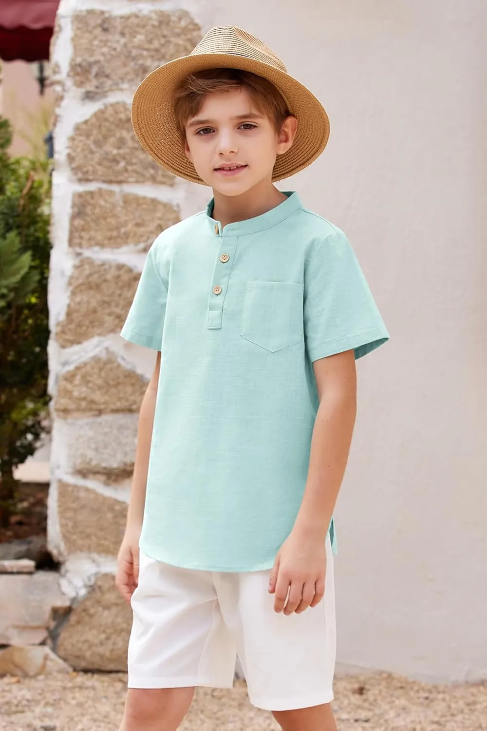 Arshiner Boys Linen Shirt Button Down Henley Short Sleeve T Shirts