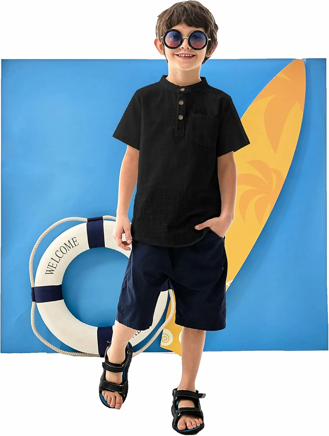 Arshiner Boys Linen Shirt Button Down Henley Short Sleeve T Shirts