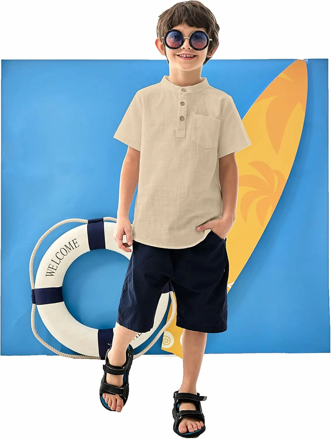 Arshiner Boys Linen Shirt Button Down Henley Short Sleeve T Shirts