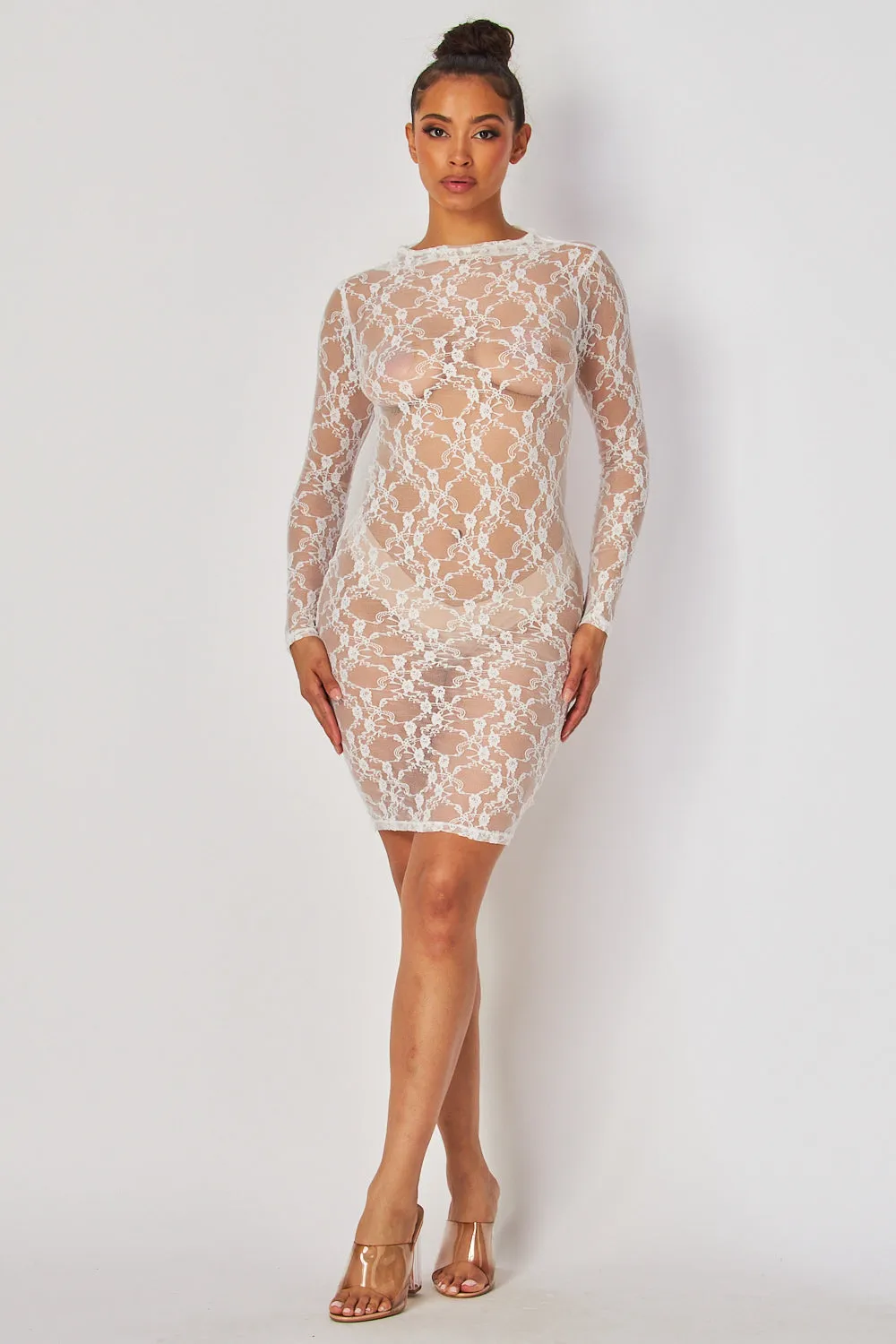 Baecation Lace Mock Neck Long Sleeve Mini Dress