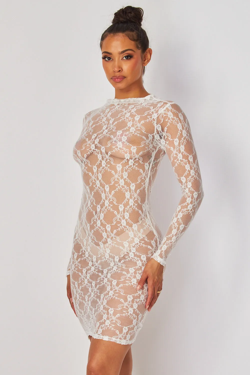 Baecation Lace Mock Neck Long Sleeve Mini Dress