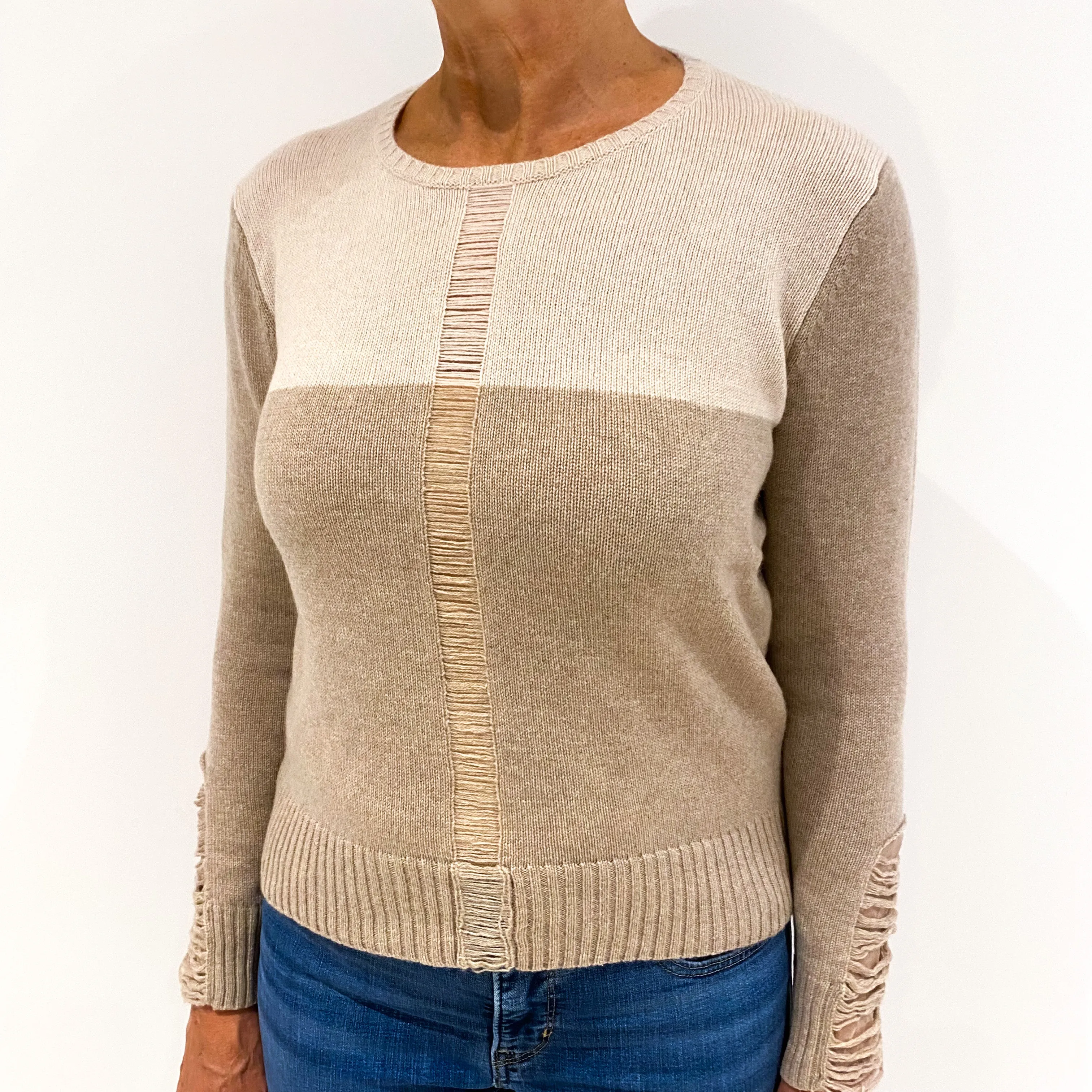 Beige Ripped Effect Cashmere Crew Neck Jumper Medium