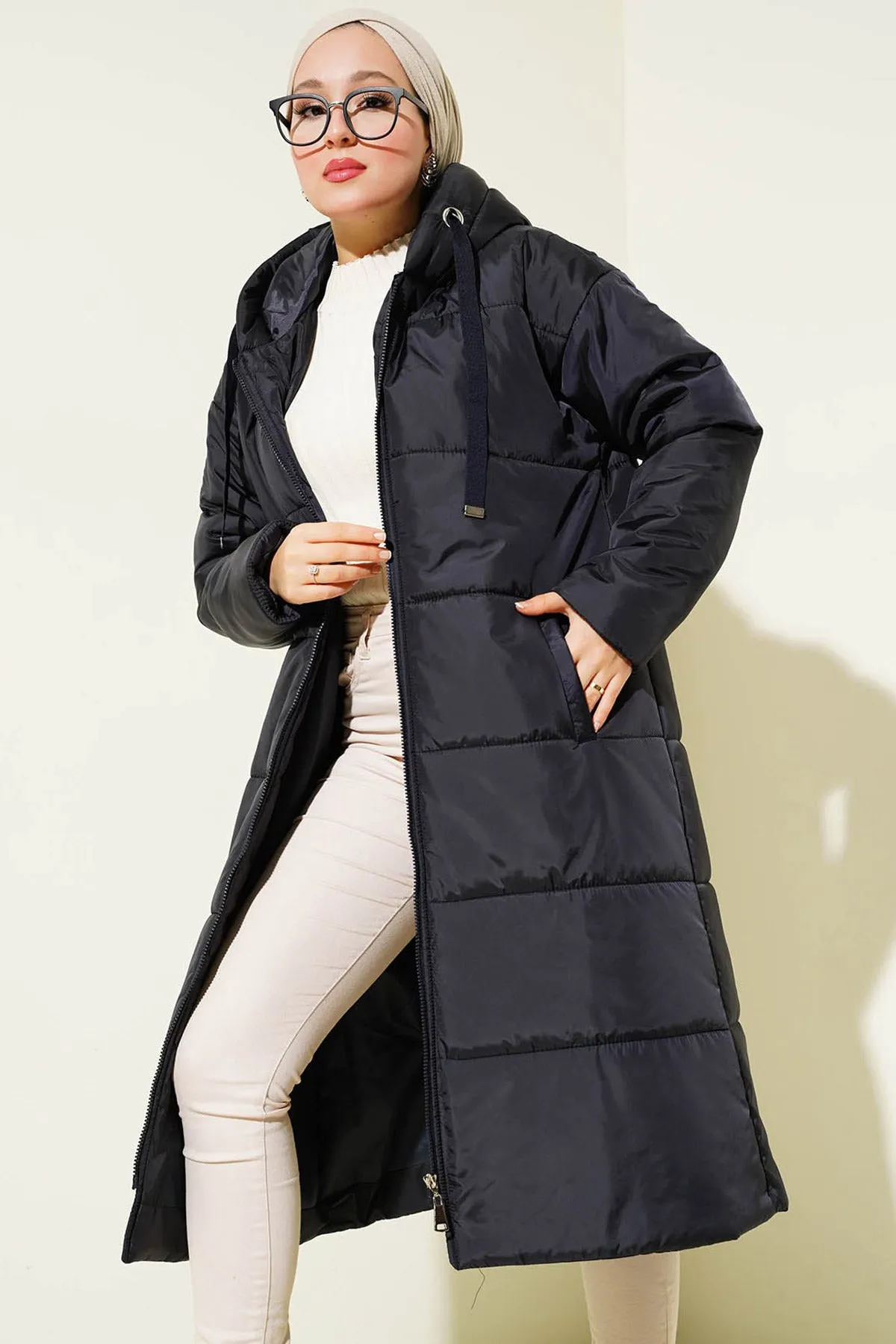 BGD Women T5120 Hooded Long Puffer Hijab Coat - Navy - Avondale