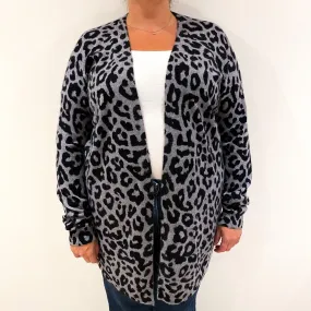 Black Grey Leopard Print Cashmere Edge To Edge Cardigan Extra Large