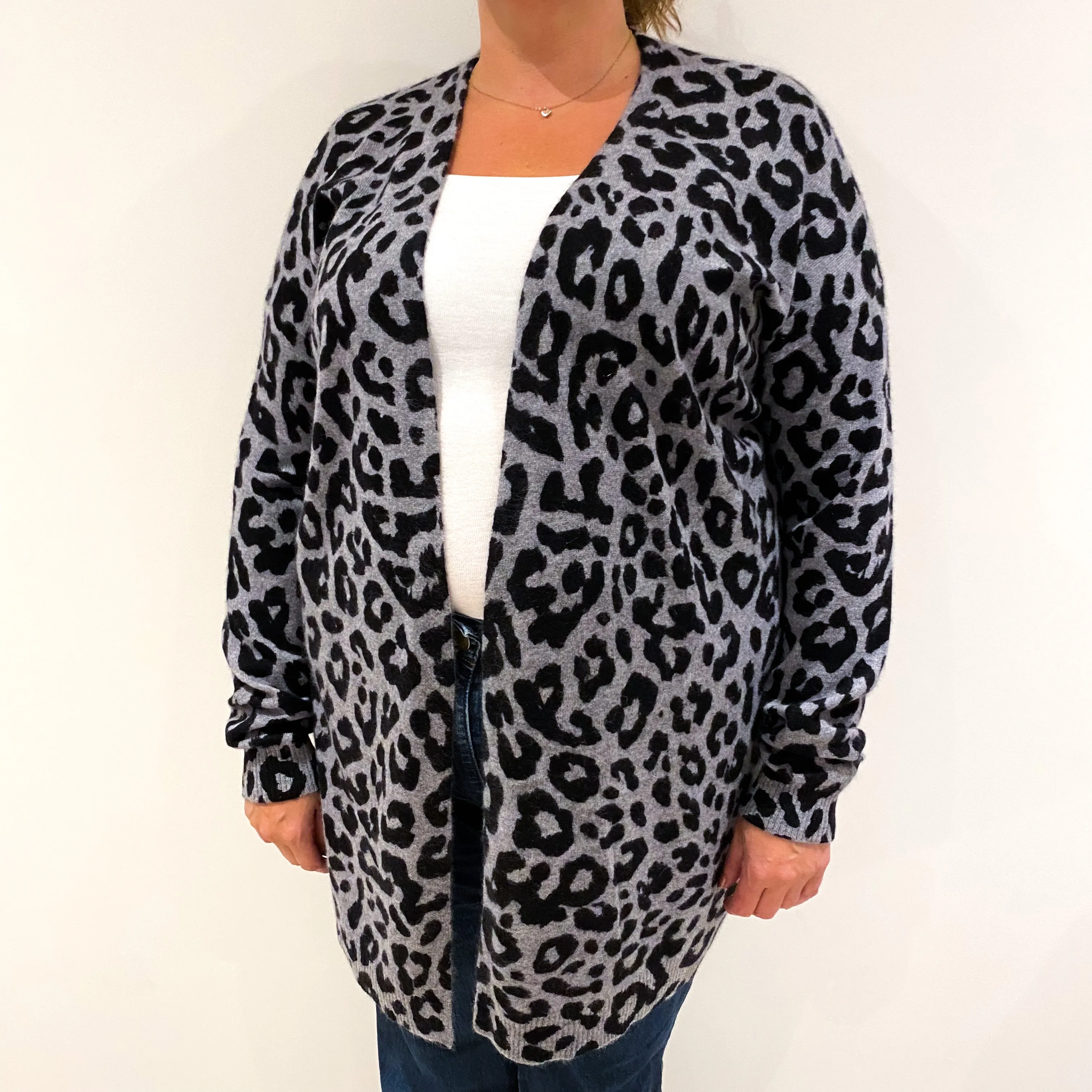 Black Grey Leopard Print Cashmere Edge To Edge Cardigan Extra Large