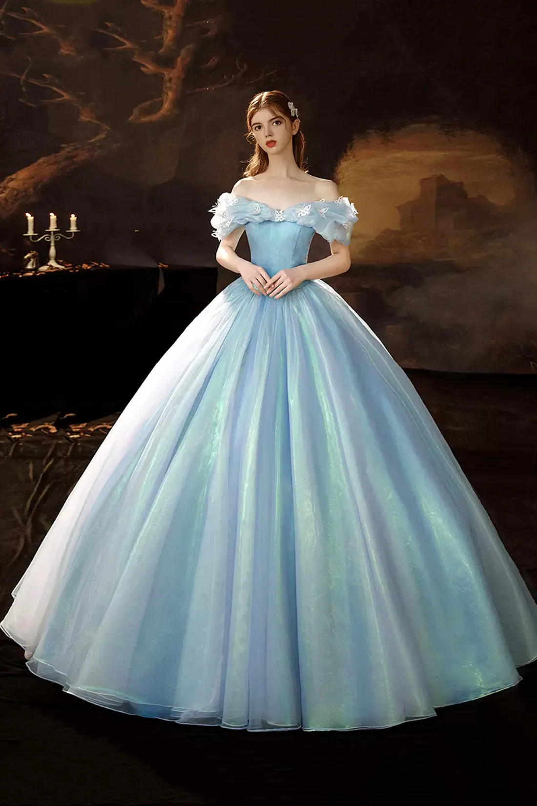 Blue Tulle Long Princess Dress, A-Line Off the Shoulder Evening Party Dress