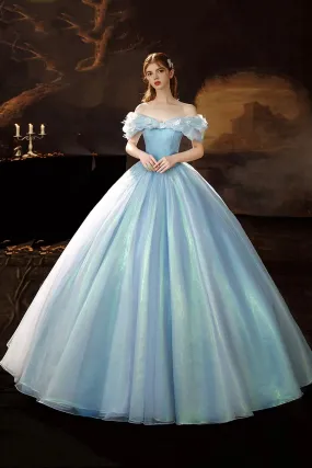 Blue Tulle Long Princess Dress, A-Line Off the Shoulder Evening Party Dress