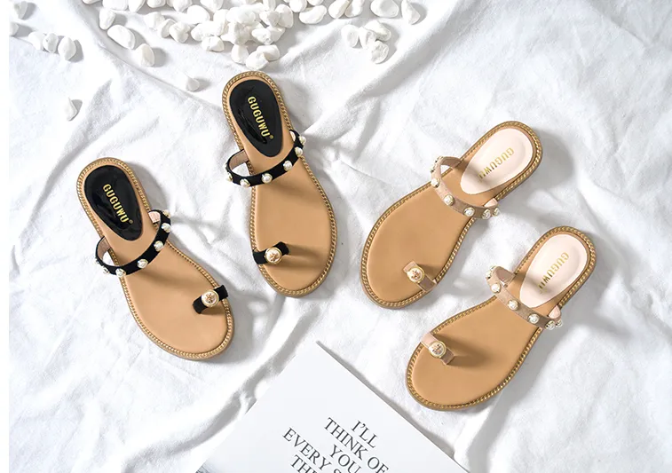BOOPDO DESIGN BEACH SANDALS WITH PEARL EMBELLISHED STRAPS