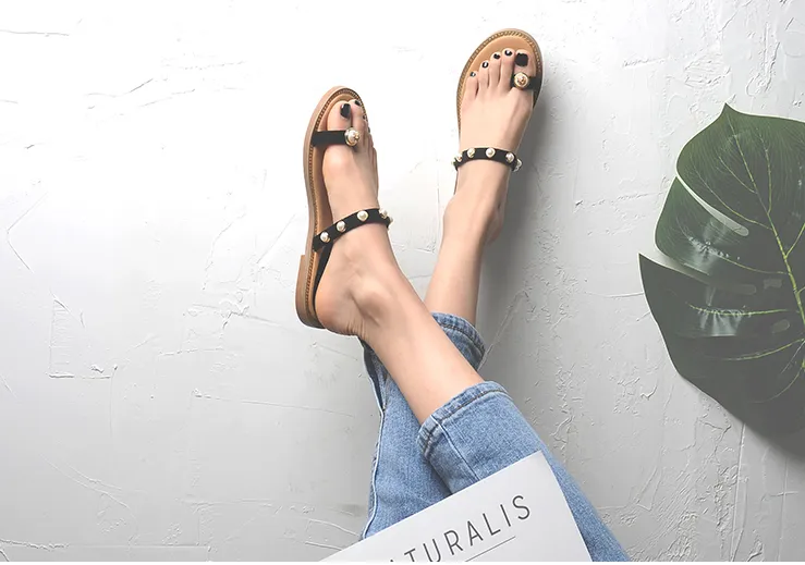 BOOPDO DESIGN BEACH SANDALS WITH PEARL EMBELLISHED STRAPS