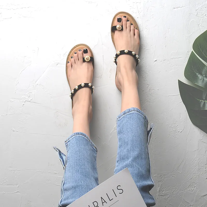BOOPDO DESIGN BEACH SANDALS WITH PEARL EMBELLISHED STRAPS