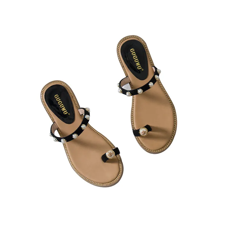 BOOPDO DESIGN BEACH SANDALS WITH PEARL EMBELLISHED STRAPS