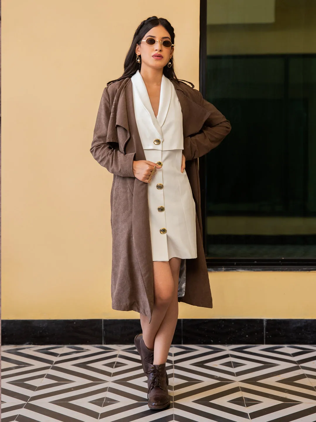 Brown Suede Overcoat & Pearl White Dress Set