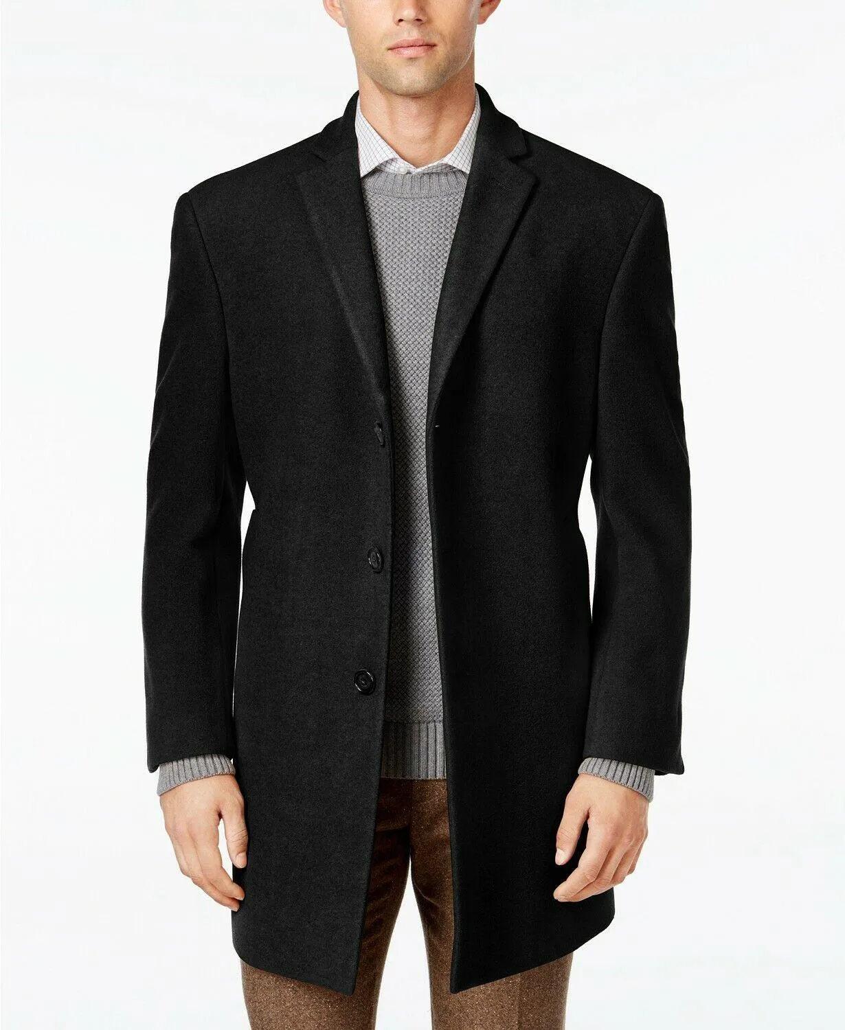 Calvin Klein Mens Prosper Slim Fit Overcoat Coat Black 42R Wool