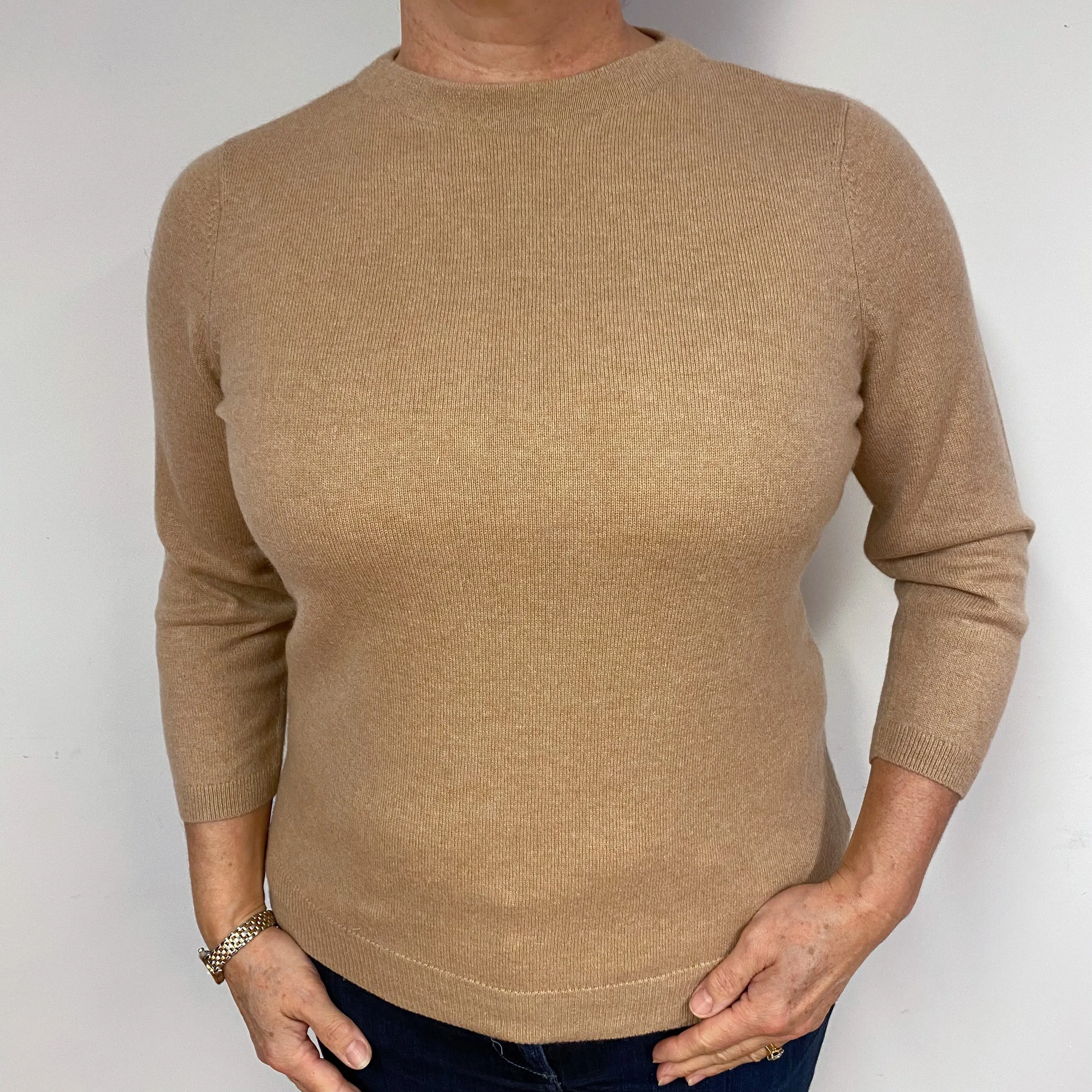 Caramel Brown 3/4 Sleeve Cashmere Crew Neck Jumper Large