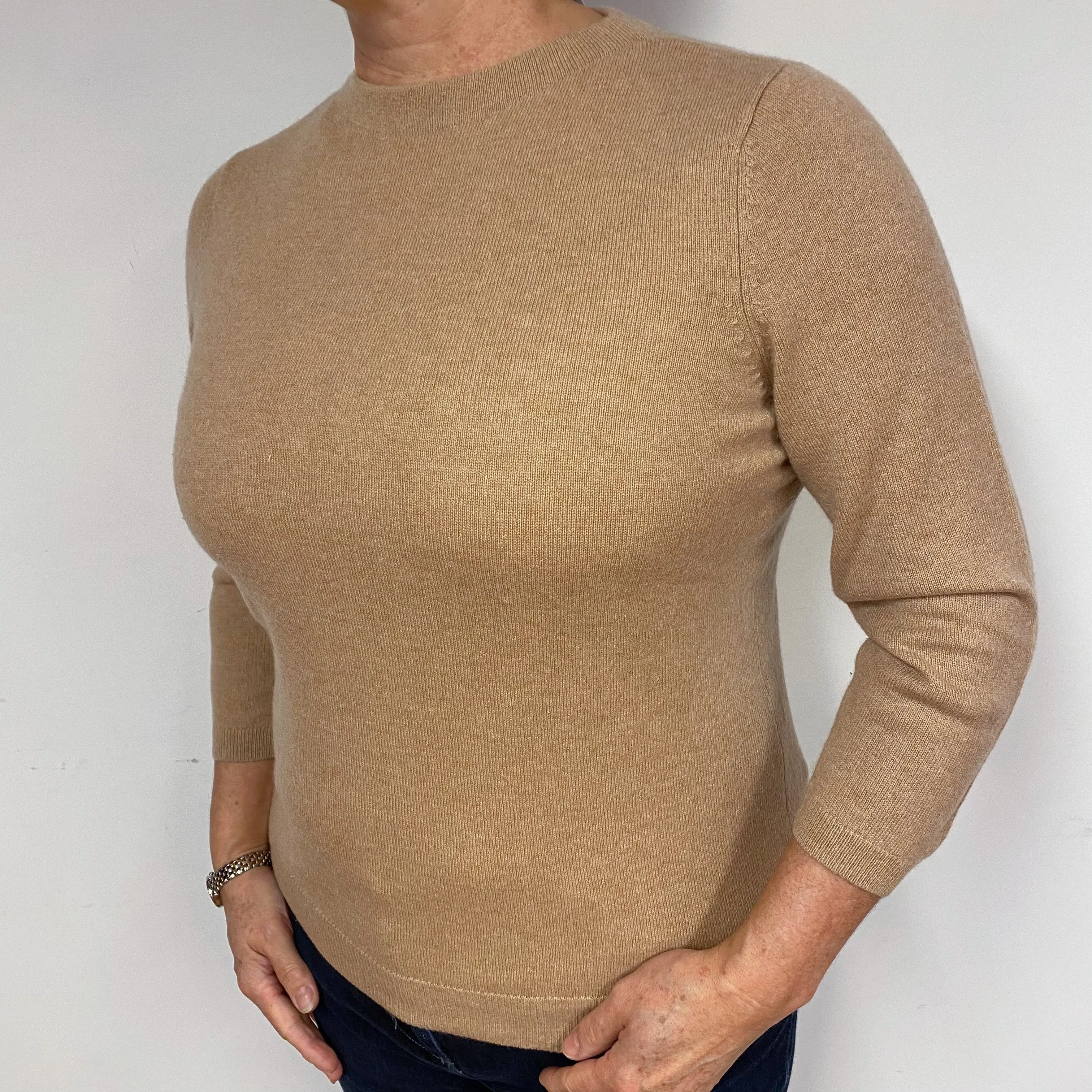 Caramel Brown 3/4 Sleeve Cashmere Crew Neck Jumper Large
