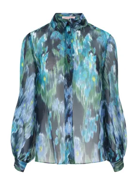 Carolina Herrera Puff Sleeve Button Down Top in Midnight Multi