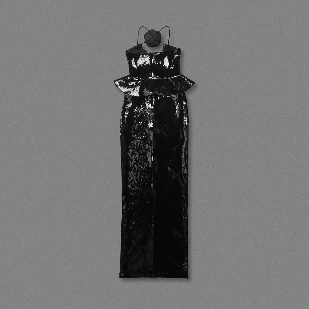 Charming Long Sheath Slim Fit Black Sequin Formal Dress