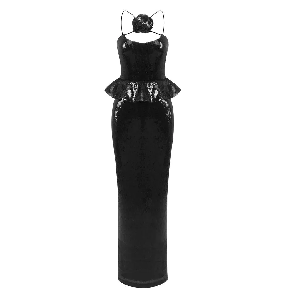 Charming Long Sheath Slim Fit Black Sequin Formal Dress