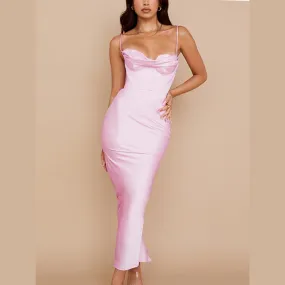 Clarise - Pink Satin Maxi Bodycon Dress