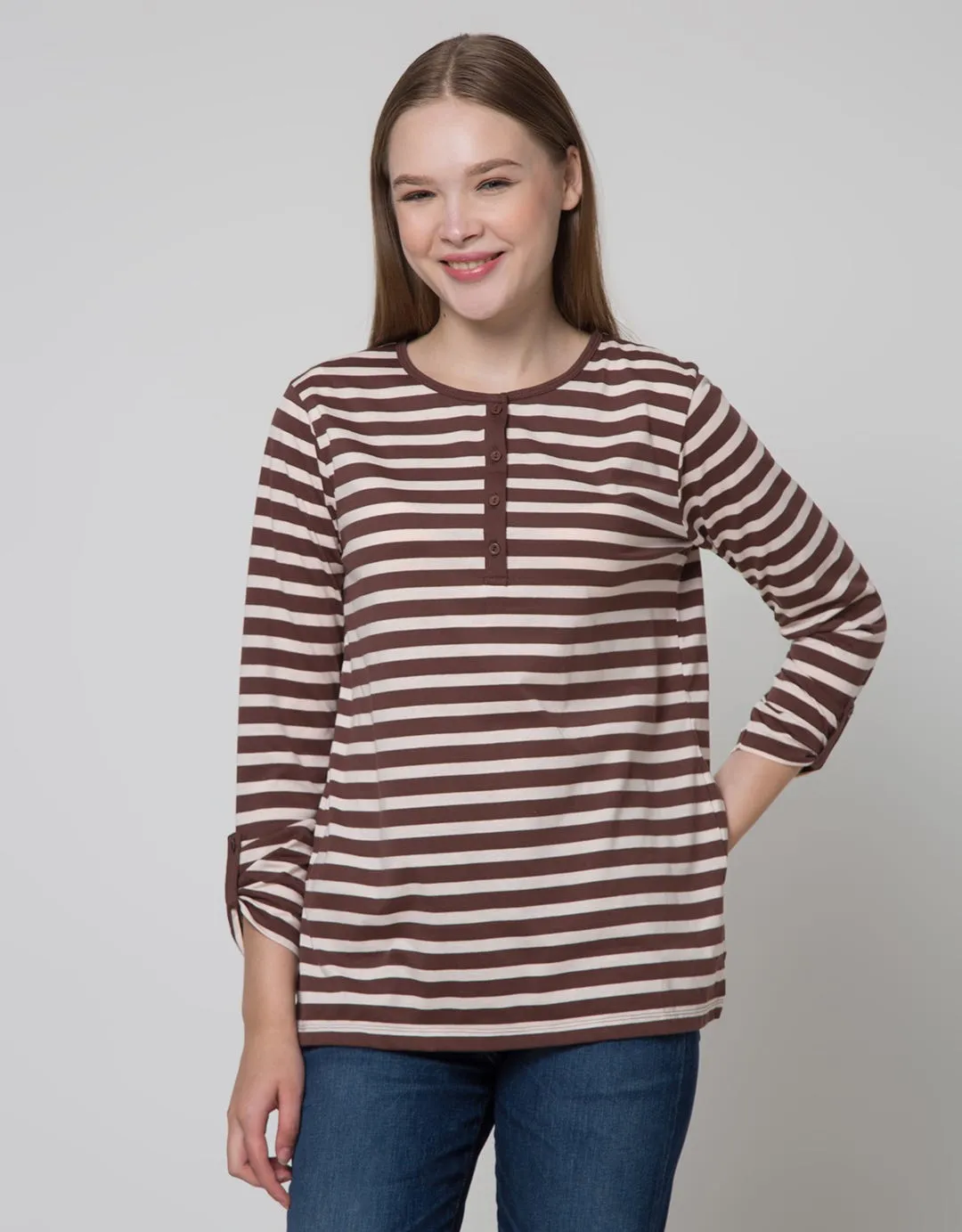 Connexion Henley Stripe Kaos Wanita