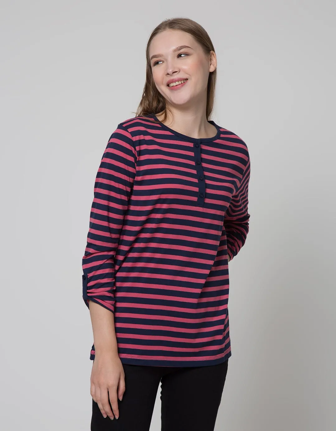 Connexion Henley Stripe Kaos Wanita