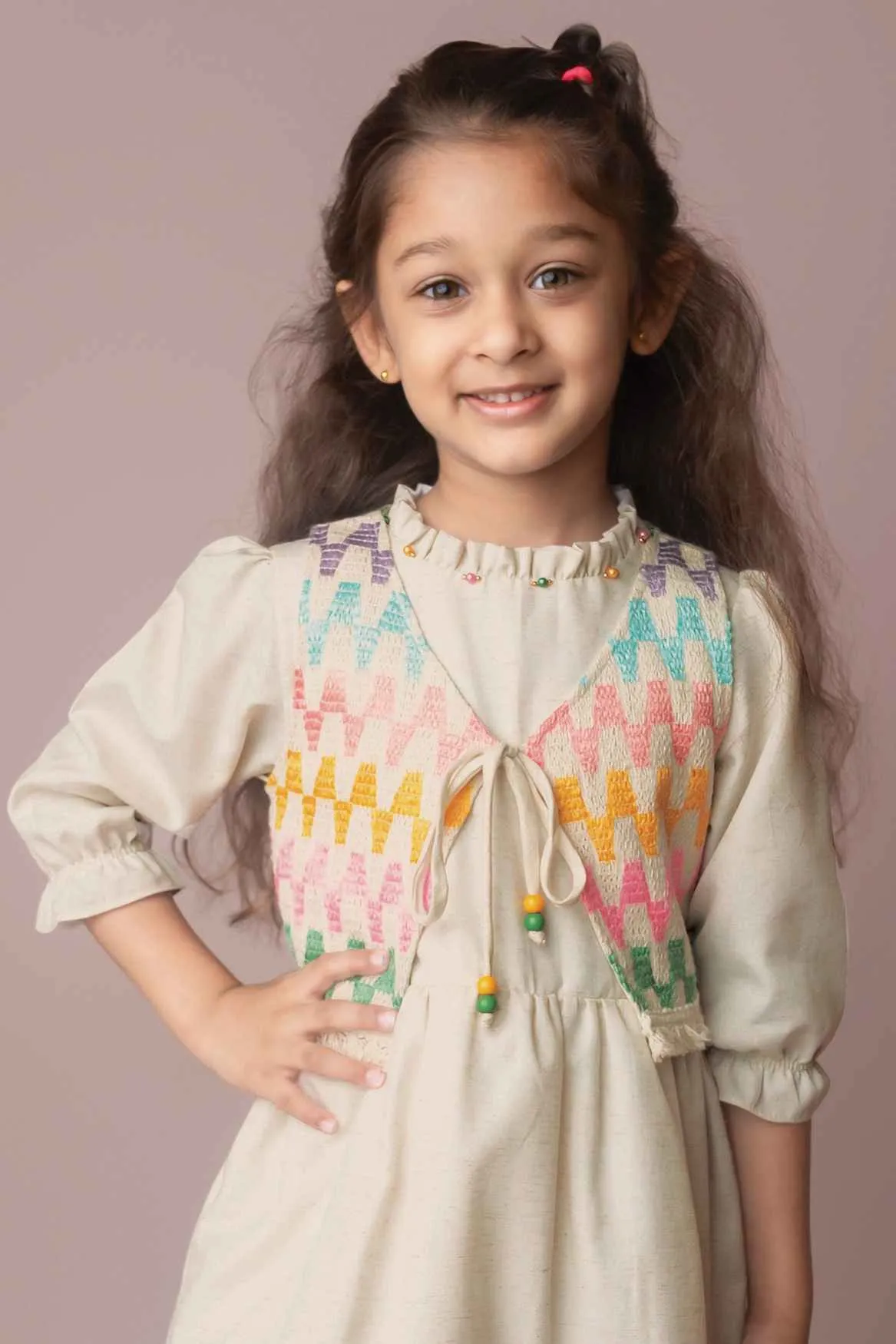 Cream Casual Wear Frock With Crochet Overcoat For Girls