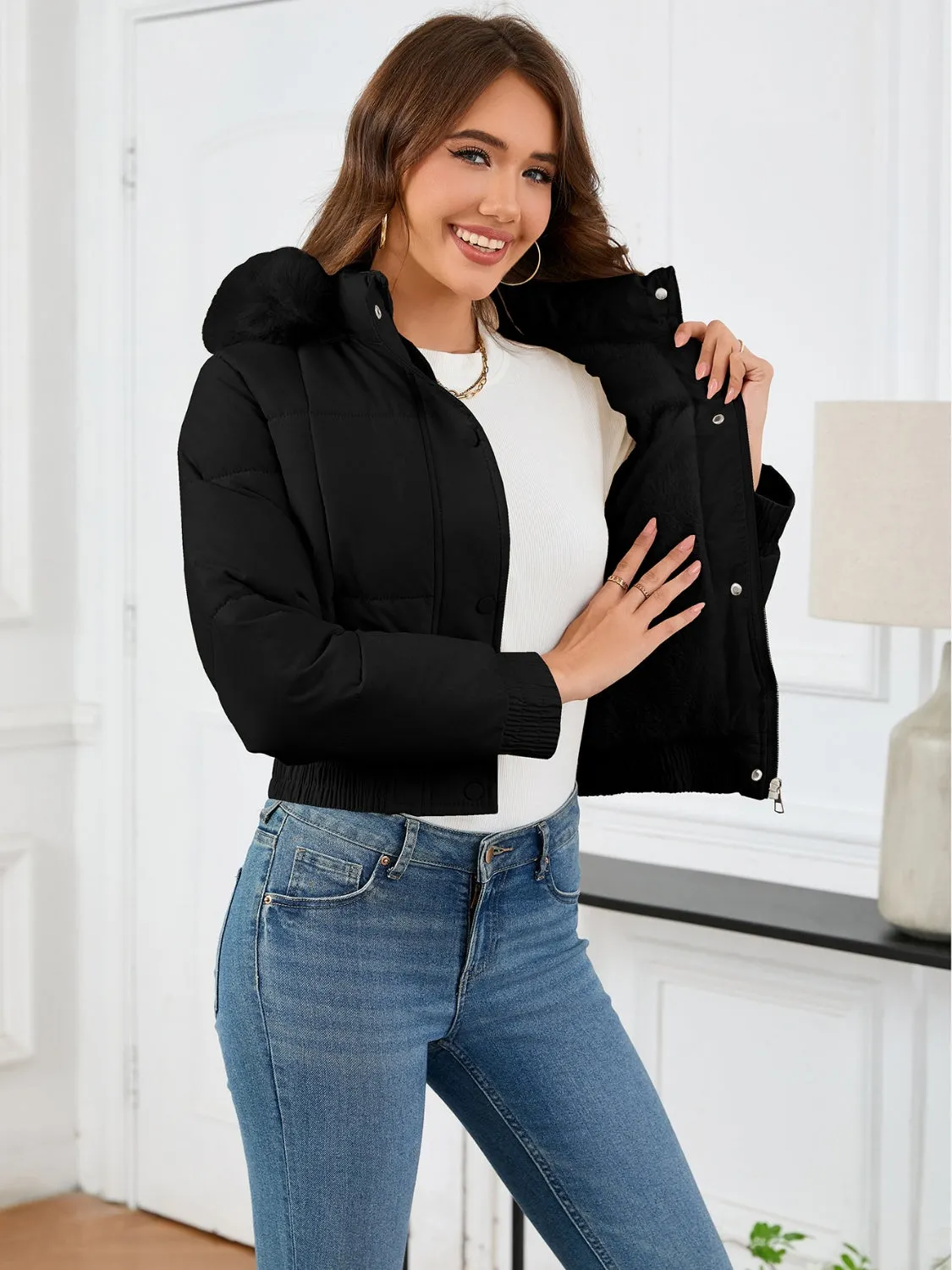 Cropped Hooded Winter Coat with Long Sleeves and Pockets