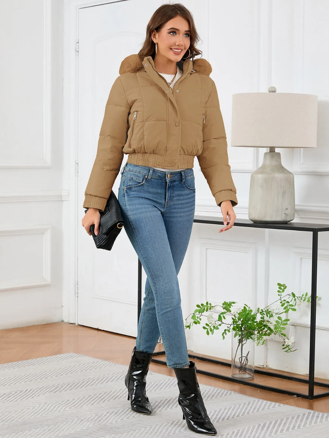 Cropped Hooded Winter Coat with Long Sleeves and Pockets