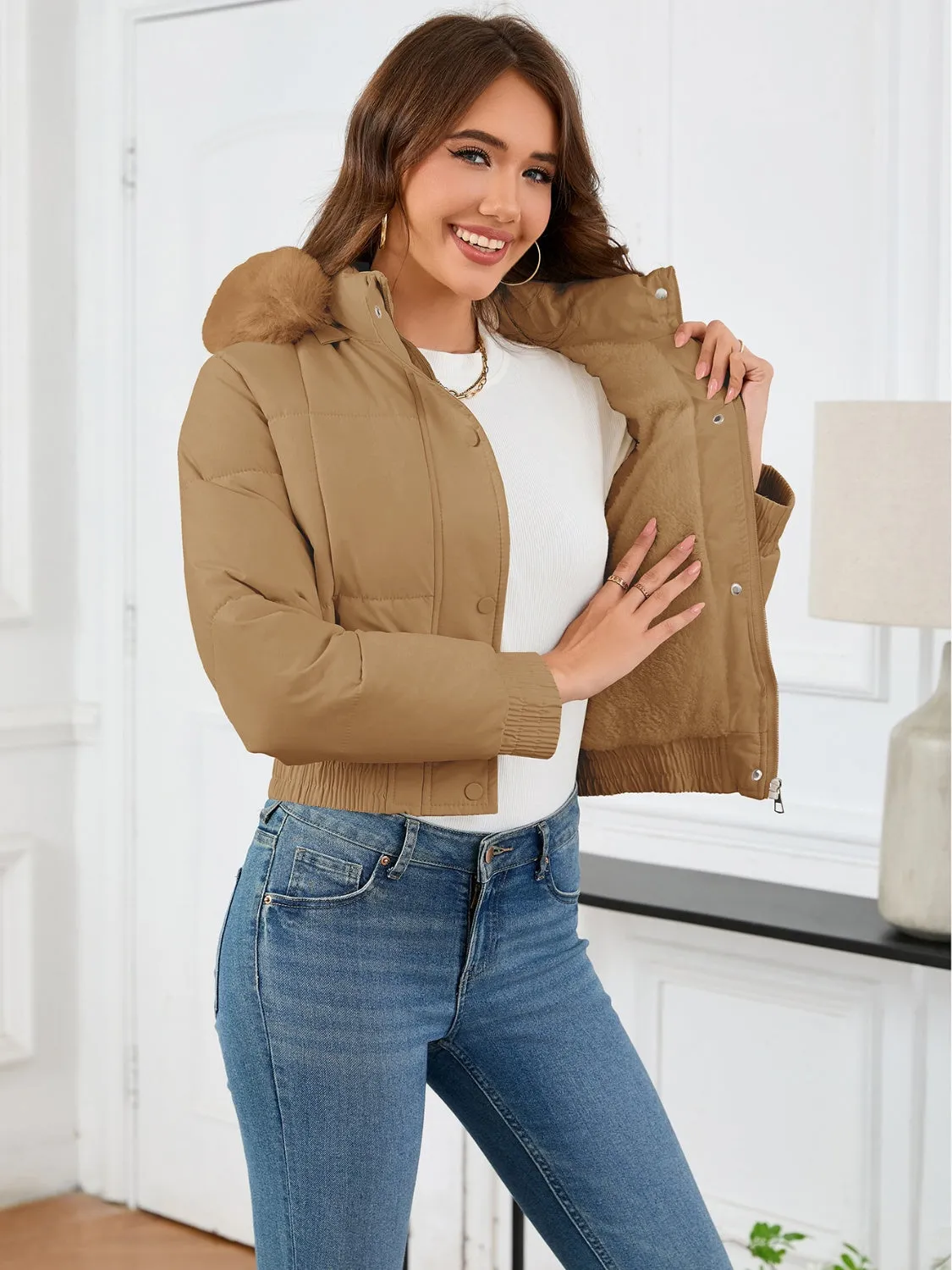 Cropped Hooded Winter Coat with Long Sleeves and Pockets