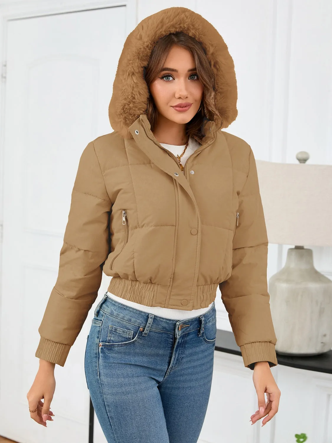 Cropped Hooded Winter Coat with Long Sleeves and Pockets