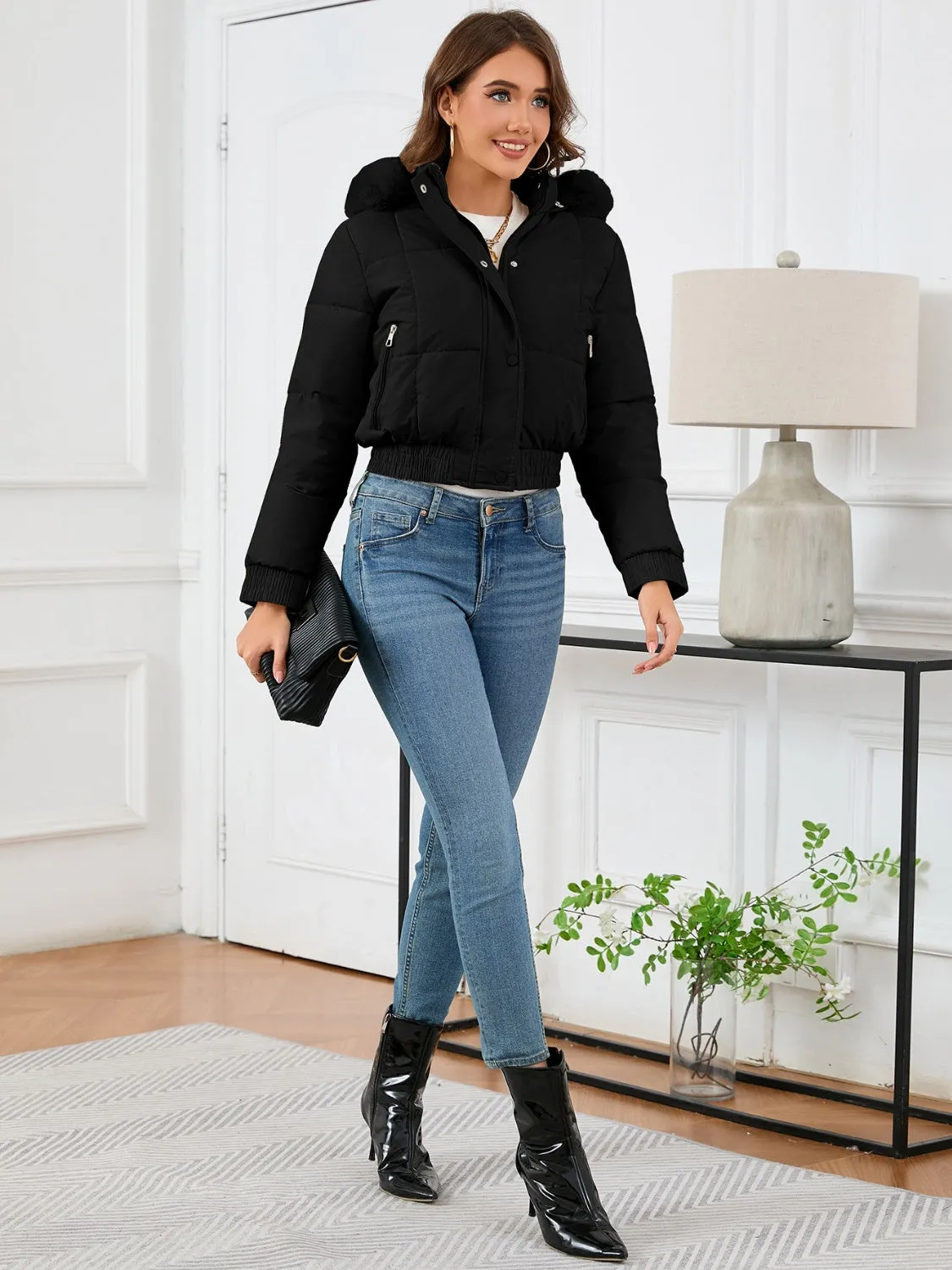 Cropped Hooded Winter Coat with Long Sleeves and Pockets