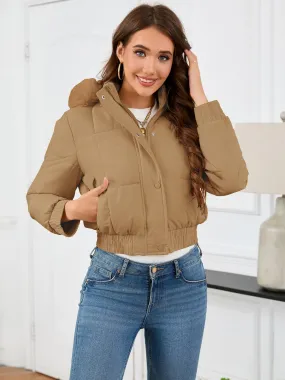 Cropped Hooded Winter Coat with Long Sleeves and Pockets