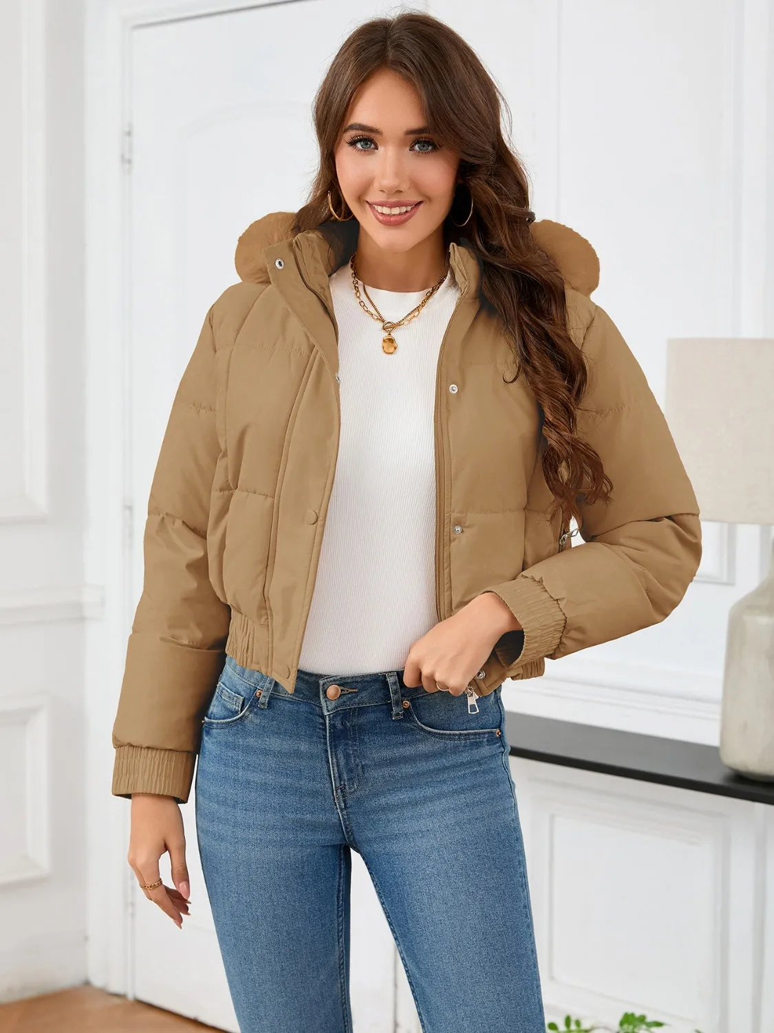 Cropped Hooded Winter Coat with Long Sleeves and Pockets